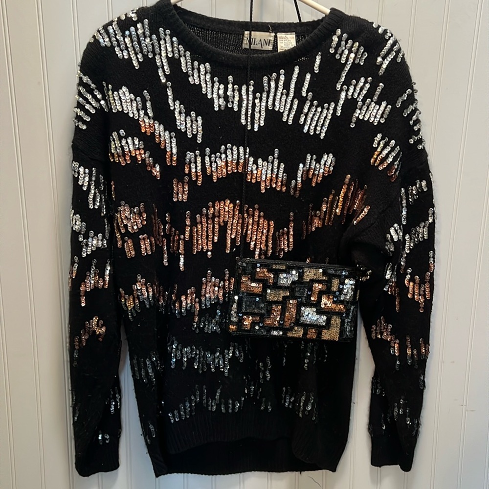 Black With Sequins Long Vintage Sweater and Purse Size Large